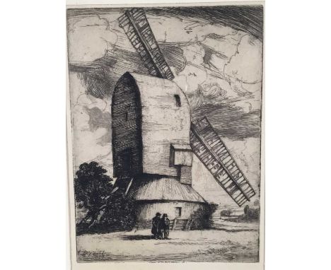 19th Century Etching of a Windmill, framed and glazed. 17cm x 12cm