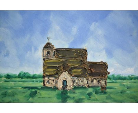 Greig Burgoyne (b.1968) oil on canvas - Church of St Thomas Becket, Fairfield, Romney Marsh, 2004, signed verso, 30cm x 40cm,
