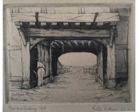 Morton Matthews etching of Dedham, signed and titled in pencil 'New Year Greetings 1928', 10cm x 12cm, in glazed frame