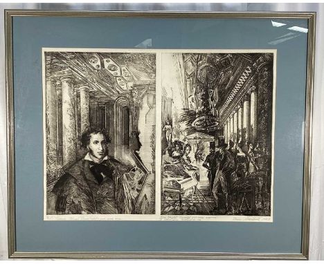 Russian School, late 20th century etching, indistinctly signed and inscribed and dated 1988, two plates each 50 x 33cm, in gl
