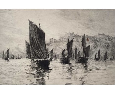 William Lionel Wyllie (1851-1931) etching - Fishing Luggers off Dover, signed, 29cm x 44cm, in glazed frameThere are two smal