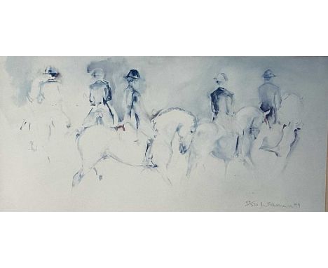 Lydia Kiernan signed limited edition print of figures on horseback, 24cm x 49cm, together with a large ink sketch of a fishma