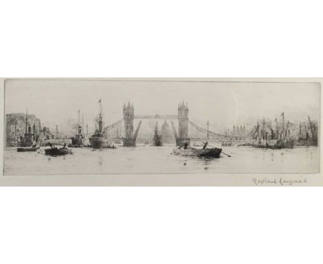 Rowland Langmaid (1897-1956) etching - 'The River Thames with Tower Bridge', signed below, 9cm x 29cm, in glazed frame
