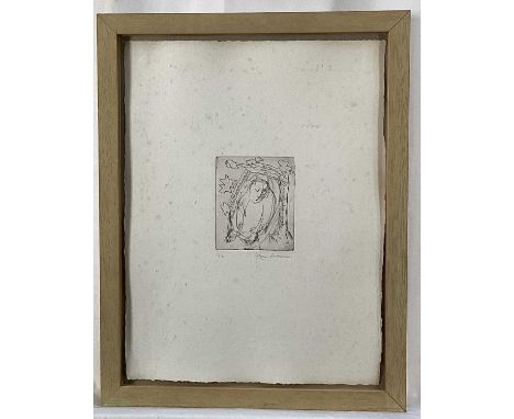 Marcia Blakenham etching - Woman in a Tree, signed and numbered 6/16 in pencil below, 10cm x 9cm, in glazed frame