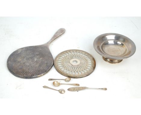 A collection of silver items comprising a footed circular dish, diameter 13cm, Barker Ellis Silver Co, Birmingham 1974, a cir