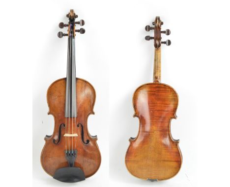 A full size German violin, Stradivarius copy with label, the two-piece back 35.8cm.   CONDITION REPORT:  Repaired cracks to t