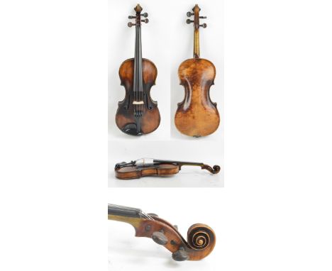 A full size German violin with spurious 'Maggini' label, double purfling and two-piece bird's eye maple back, length 35.3cm. 