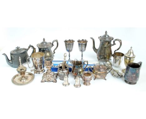 A quantity of electroplated items including a four piece tea set, goblets, sugar sifter, candlestick, flatware,etc.