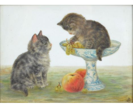 BESSIE BAMBER (fl.1900-1910 ); oil on milk glass, two kittens playing with fruit on a table, signed with initials to lower ri