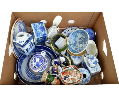 A group of predominantly blue and white ceramics including Spode Christmas no.4, Ringtons Ltd tea box, a Japanese tea caddy a