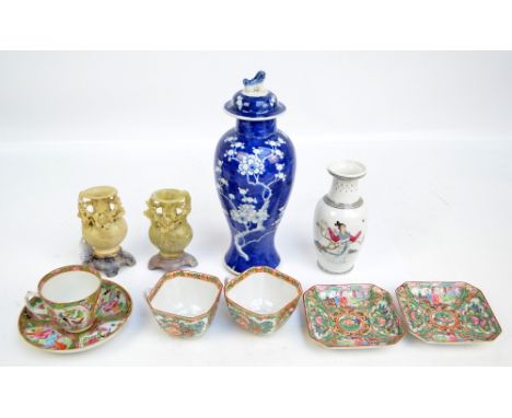 A group of Chinese porcelain items comprising a baluster vase painted in underglaze blue with blossoming prunus, height 29cm 