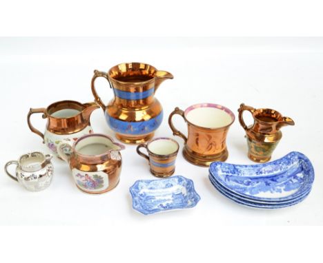 Four copper lustre glazed jugs in various sizes, largest height 16.5cm, a waisted mug and a cup, also a set of four Copeland 