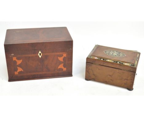 A 19th century mahogany rectangular three division tea caddy with cross bands, corner inlay and hinged lid, width 25cm and a 