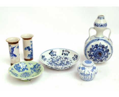 A group of various Chinese porcelain items comprising a pair of small crackle glazed sleeve vases, height 14cm a twin handled