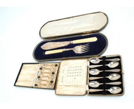 LEVESLEY BROS; a boxed pair of George V hallmarked silver bladed fish servers, Sheffield 1911, a cased set of six George V ha