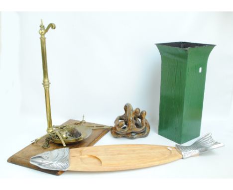 A set of Avery brass bean scales on rectangular wooden plinth, a fish board, abstract sculptural group and a modern metal sti