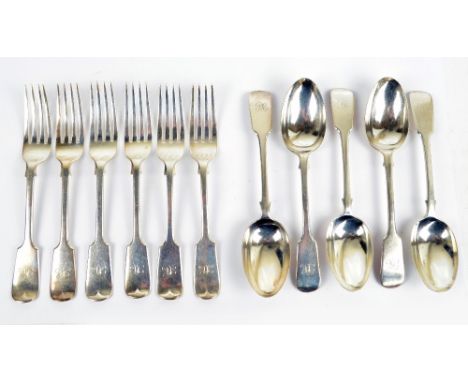 JOSIAH WILLIAMS & CO; a set of five George V hallmarked silver fiddle pattern dessert spoons, and a set of six matching salad