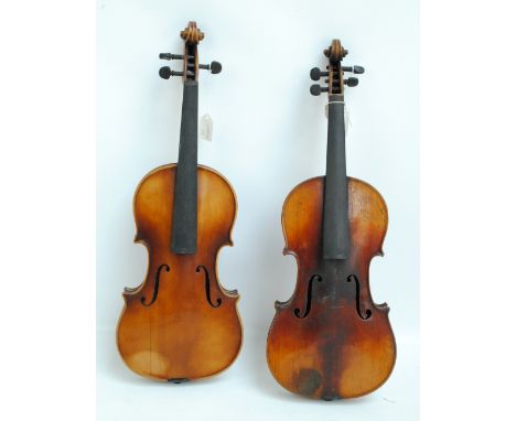 A full size German violin, Stradivarius copy, the two-piece back 35.8cm and another Stradivarius copy, for restoration, lengt