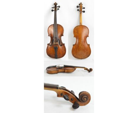 A full size German violin, bearing spurious label 'Montegarzi David Milan 1792', with one-piece back. length 35.9cm, cased wi