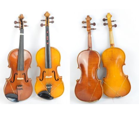 A cased Chinese Lark three quarter size violin with bow, and another cased three quarter size violin with bow (2).