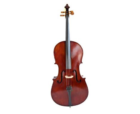 A full size German violoncello, unlabelled, the two-piece back 74.5cm.   CONDITION REPORT:  Some repairs to back around butto