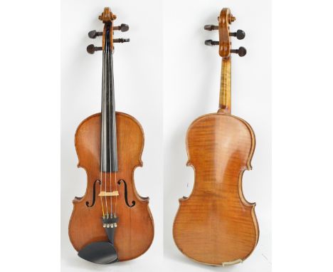 A three-quarter size Stradivarius copy with label, the two-piece back 33.6cm.   CONDITION REPORT:  Crack to table, surface sc