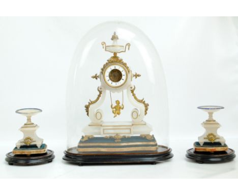 A late 19th century French alabaster gilt metal mounted three piece clock garniture, the eight day movement beneath urn shape