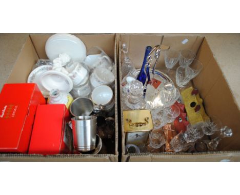 Two boxes of decorative ceramics including Paragon part tea set, also glassware, a small quantity of silver plate, a copper d