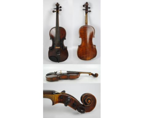 A full size German violin, unlabelled, the two-piece back 36cm, cased with a bow.   CONDITION REPORT:  Several cracks to tabl