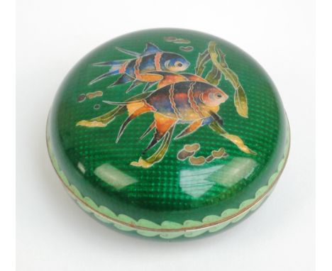 A 20th century Japanese cloisonné and ginbari enamel and white metal circular paste box, decorated with fish to the detachabl