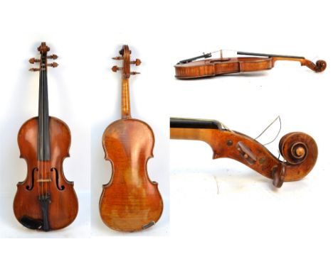 A good French violin labelled Bernardel, Paris with partially indistinct label, the two-piece back 36.1cm, also a silver moun