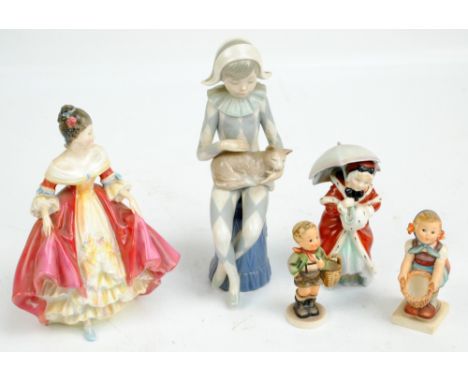 Two Royal Doulton figures; HN2229 'Southern Belle' and HN1936 'Miss Muffet', a Nao figure of a child harlequin with a cat, an