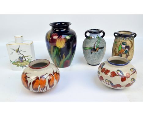 A group of various ceramic vases including a floral transfer decorated Royal Stanley Ware 'Jacobean' baluster example and a n
