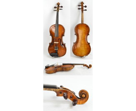 A full size German violin, unlabelled, the one-piece back 36.1cm, cased with a bow.