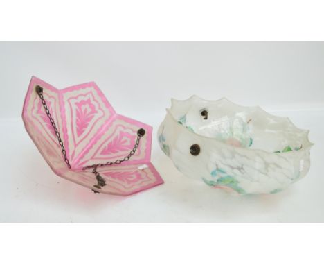 An early 20th century six point cameo type glass pendant lamp shade, diameter 39.5cm and another glass pendant lamp shade pai