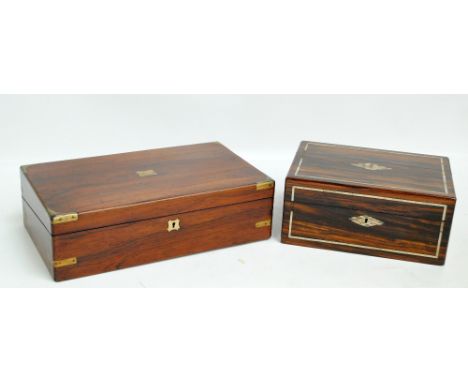 A late 19th century rosewood brass bound writing slope with inkwell and pen tray to the interior, length 40cm and a coromande