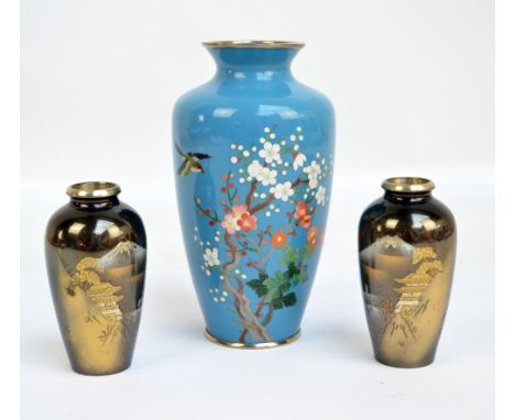 A 20th century Japanese cloisonné enamel baluster vase decorated with bird and blossoming branches, height 19cm and a pair of