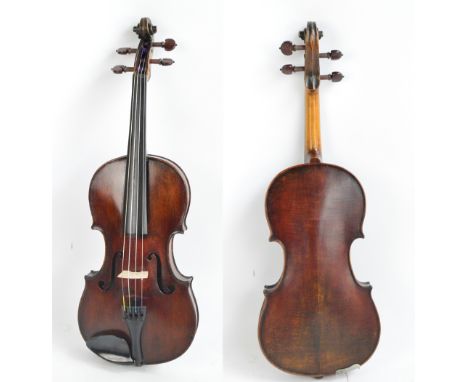 A full size German violin, Stradivarius copy with label, the two-piece back 35.9cm.   CONDITION REPORT:  Cracks to table, rep