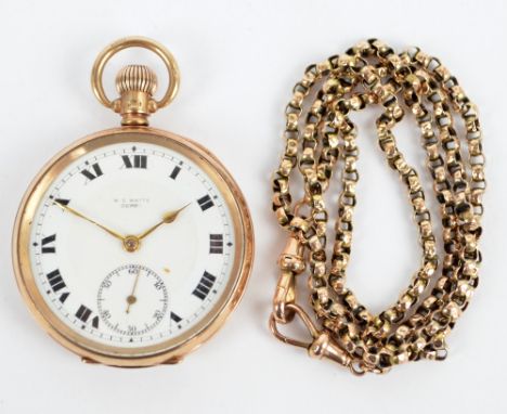 WE WATTS OF DERBY; an early 20th century 9ct yellow gold open face crown wind pocket watch, the circular enamel dial set with