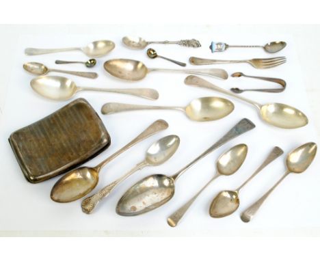 A collection of variously hallmarked silver spoons, a silver cigarette case (af), pair of sugar tongs and a fork, various hal