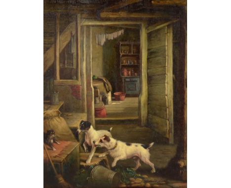 VALENTINE THOMAS GARLAND (1840 -1914); oil on board, Jack Russell and a further Russell terrier chasing a cat in a kitchen sc