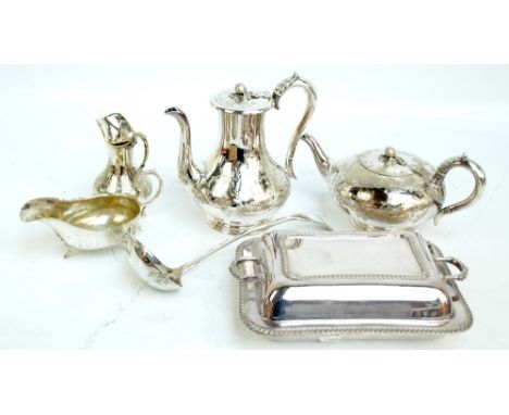 A small quantity of plated items comprising a three piece tea set, a ladle, a sauce boat and an entree dish.