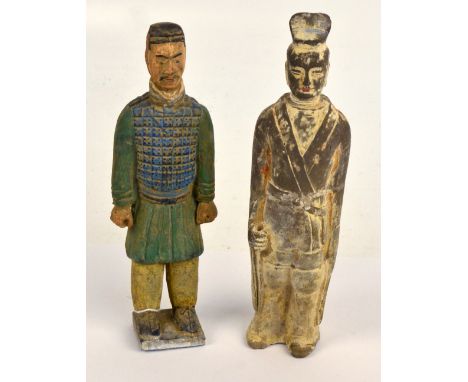 A Chinese Tang Dynasty (618-907) polychromed ceramic figure of a warrior on square base, height 26cm and a further similar fi