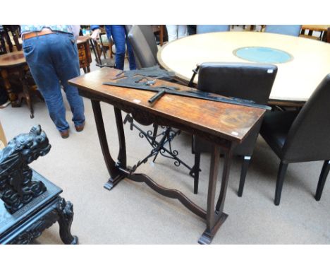 An oak hall/console table with carved frieze, width 111.5cm.