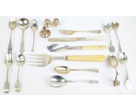 A group of miscellaneous hallmarked silver including a large fish fork with ivorine handle, a butter knife, mother-of-pearl h