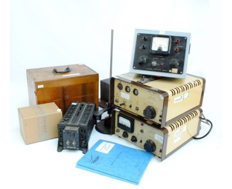 An early 20th century cased spectrometer, two spectral lamp power supplies, a lamp holder (lacking lamp), a Labgear decade co