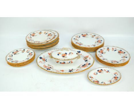Spode Copeland floral transfer decorated dinnerware to include a sauce tureen, an oval meat platter, dinner plates and side p