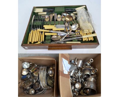 A large quantity of metalware including an oval tray, set of goblets, wine bottle cooler, various sauce boats, mugs, a pair o