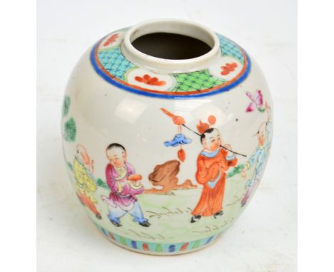 A 19th century ginger jar decorated in enamels with boys playing in a landscape with panelled motif to rim, bearing four red 