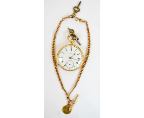 An 18ct yellow gold Chester hallmarked key wind open face pocket watch, the white enamel dial set with Roman numerals and sub